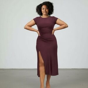 NWT Reformation Frasier Dress Prune Midi Cap Sleeve Ruched Slit Buttons Size 14